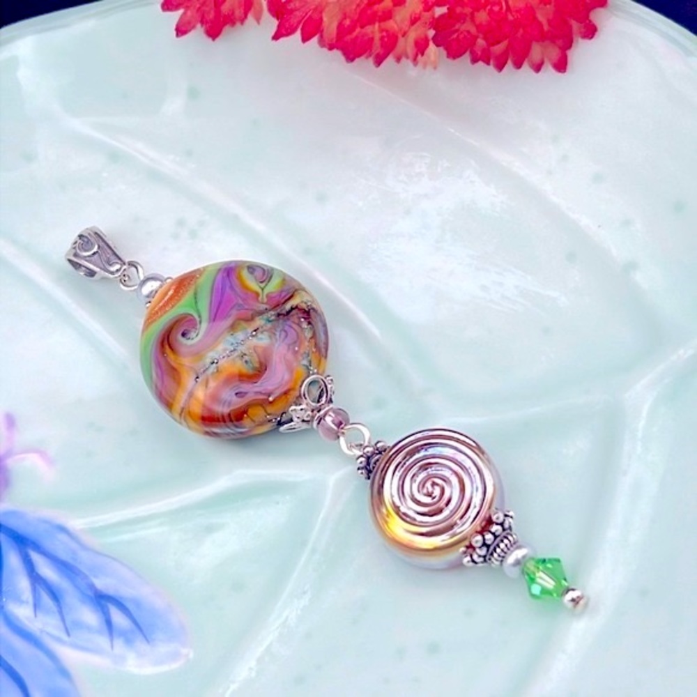 🆕 STERLING SILVER PENDANT CRAZY SWIRLING AMBER LAMPWORK